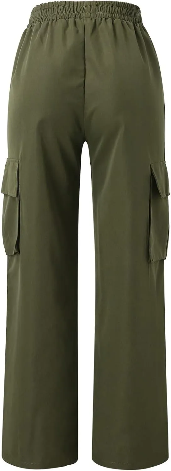 Women's Belt Less High Waisted Wide Leg Trousers Straight Leg Relaxed Style Casual Pants Ladies Slim Fit Cargo