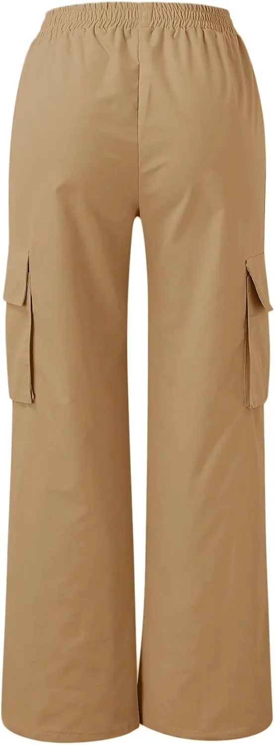 Women's Belt Less High Waisted Wide Leg Trousers Straight Leg Relaxed Style Casual Pants Ladies Slim Fit Cargo
