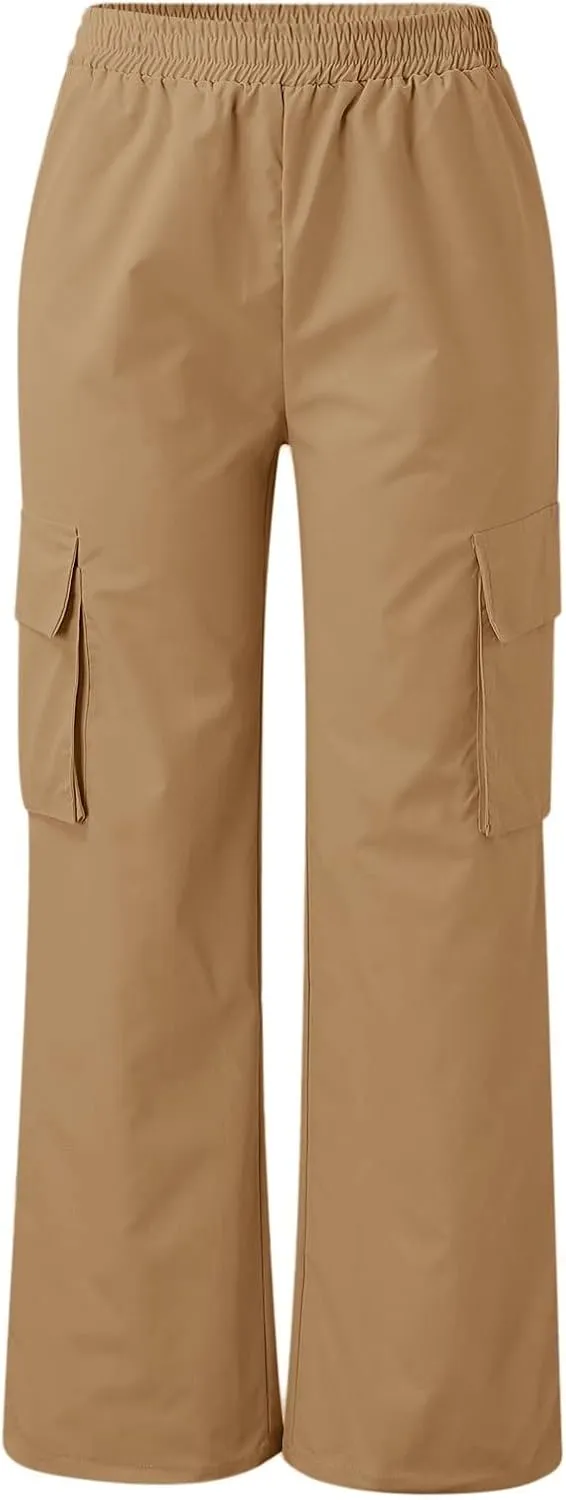 Women's Belt Less High Waisted Wide Leg Trousers Straight Leg Relaxed Style Casual Pants Ladies Slim Fit Cargo