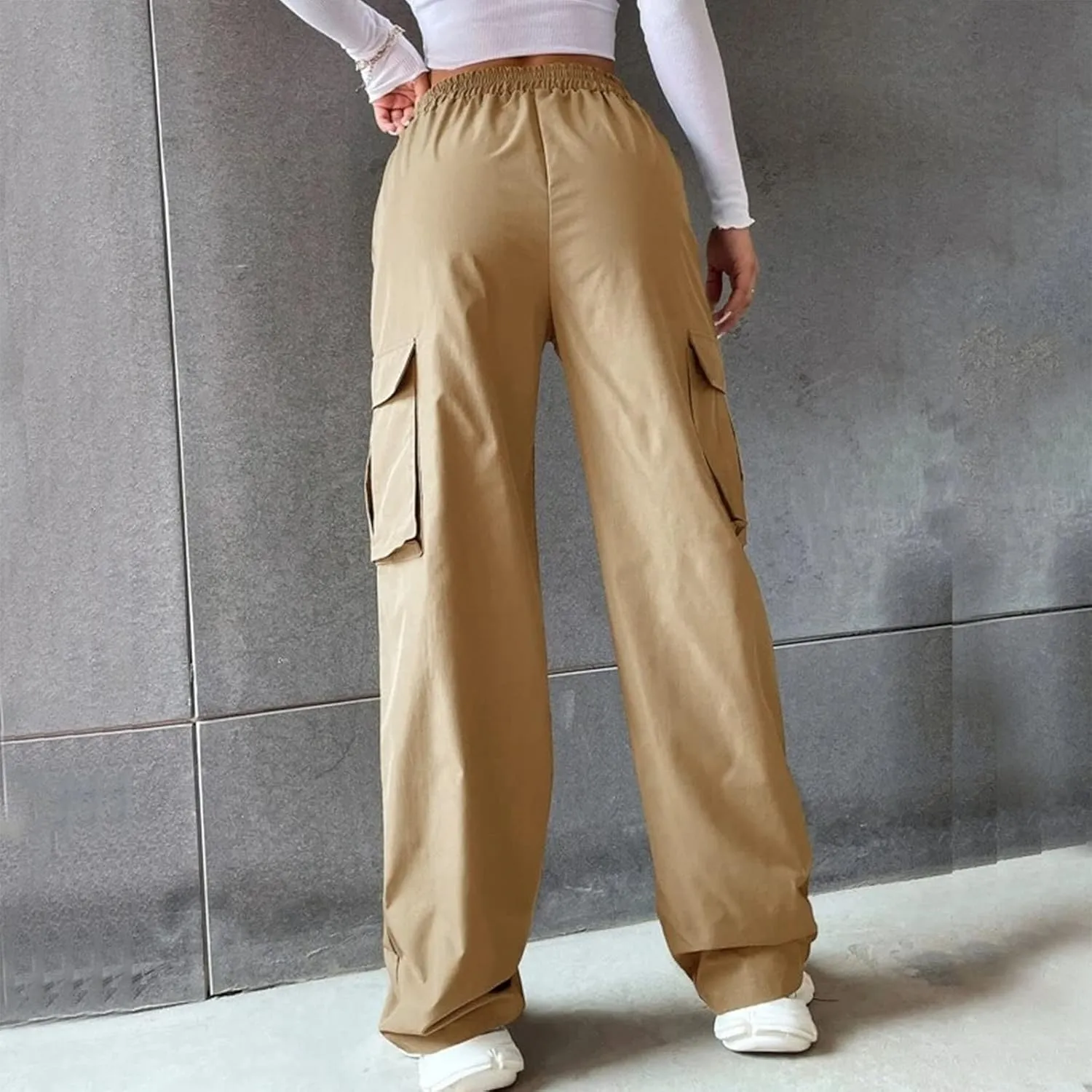 Women's Belt Less High Waisted Wide Leg Trousers Straight Leg Relaxed Style Casual Pants Ladies Slim Fit Cargo