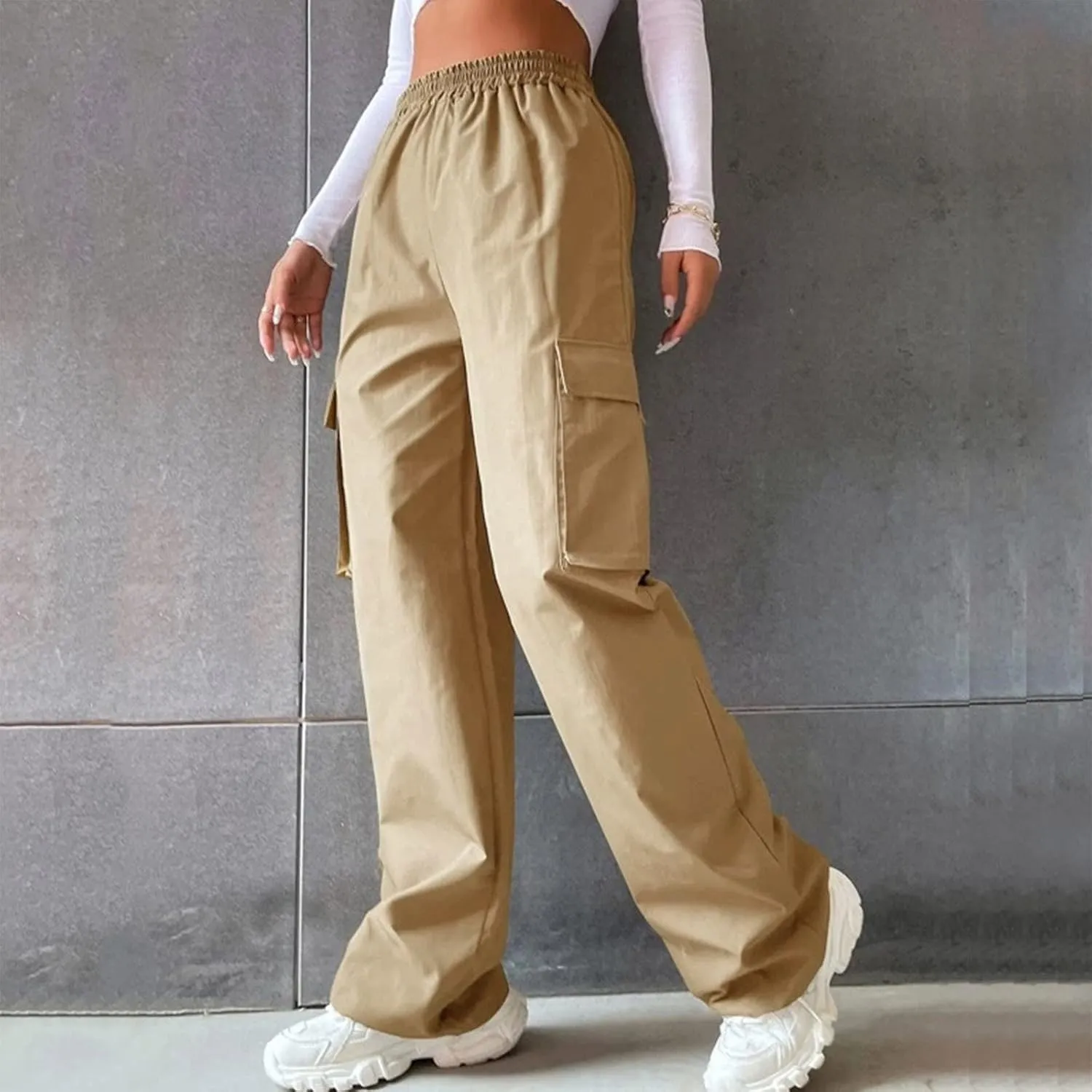 Women's Belt Less High Waisted Wide Leg Trousers Straight Leg Relaxed Style Casual Pants Ladies Slim Fit Cargo