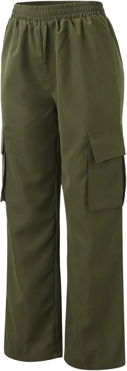 Women's Belt Less High Waisted Wide Leg Trousers Straight Leg Relaxed Style Casual Pants Ladies Slim Fit Cargo