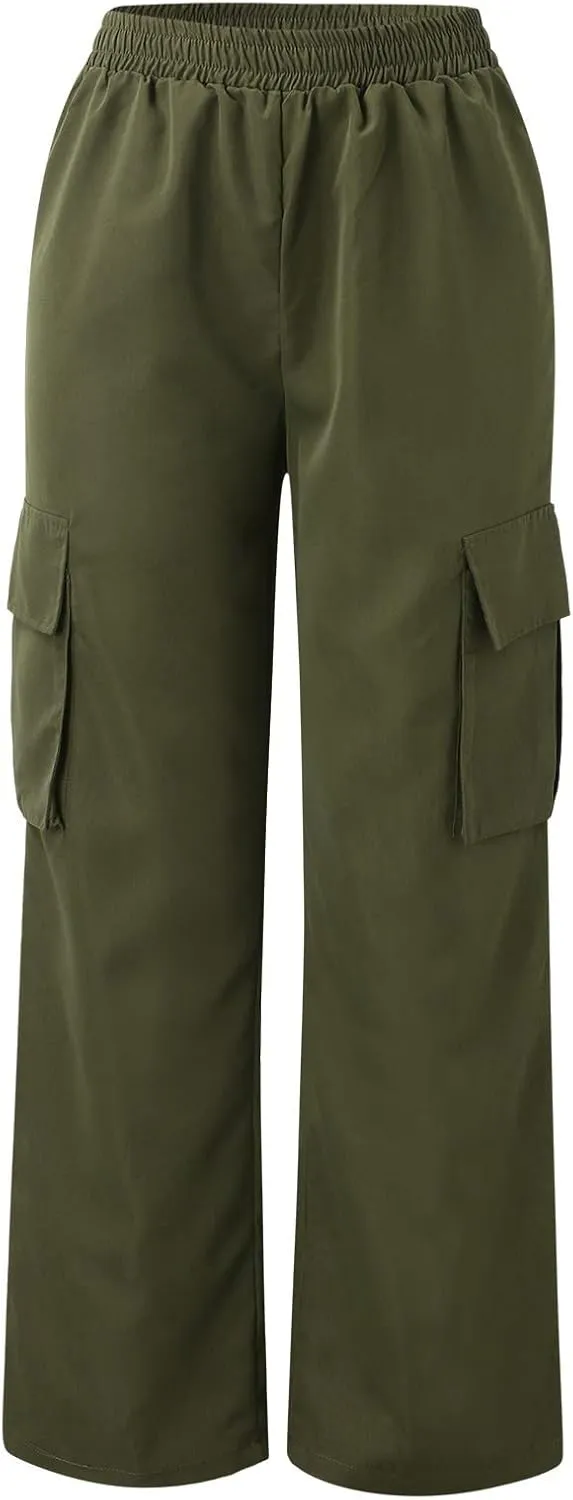 Women's Belt Less High Waisted Wide Leg Trousers Straight Leg Relaxed Style Casual Pants Ladies Slim Fit Cargo