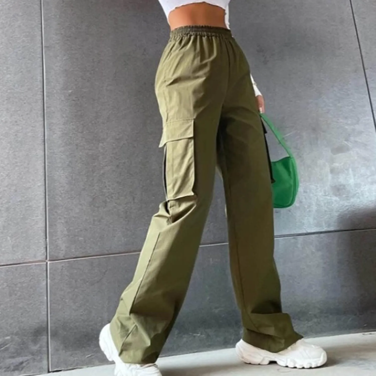 Women's Belt Less High Waisted Wide Leg Trousers Straight Leg Relaxed Style Casual Pants Ladies Slim Fit Cargo