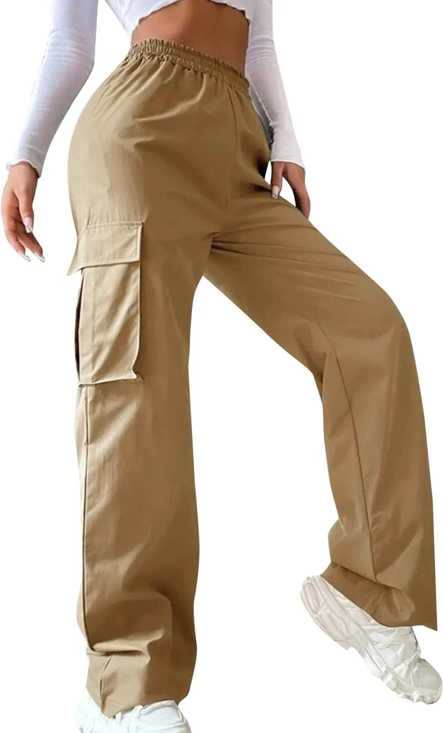 Women's Belt Less High Waisted Wide Leg Trousers Straight Leg Relaxed Style Casual Pants Ladies Slim Fit Cargo