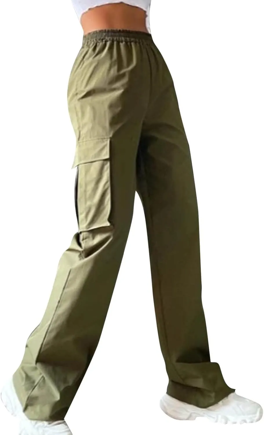 Women's Belt Less High Waisted Wide Leg Trousers Straight Leg Relaxed Style Casual Pants Ladies Slim Fit Cargo