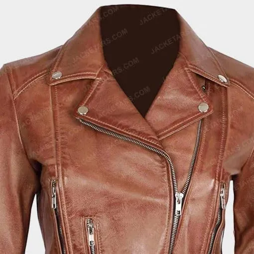 Women's Brown Leather Zip-Up Moto Jacket with Belt