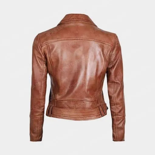 Women's Brown Leather Zip-Up Moto Jacket with Belt