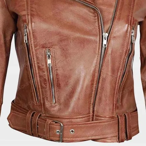 Women's Brown Leather Zip-Up Moto Jacket with Belt