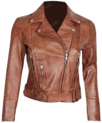 Women's Brown Leather Zip-Up Moto Jacket with Belt