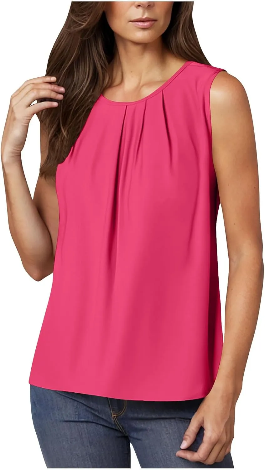 Womens Cute Sleeveless Shirts Pleated Round Neck Tank Tops Casual Comfy Solid Color Going Out Blouse
