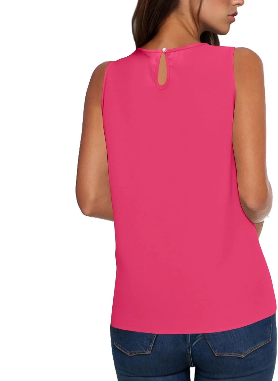 Womens Cute Sleeveless Shirts Pleated Round Neck Tank Tops Casual Comfy Solid Color Going Out Blouse