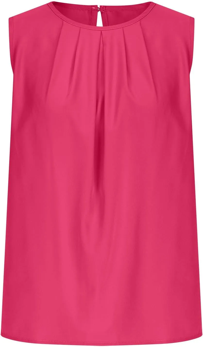 Womens Cute Sleeveless Shirts Pleated Round Neck Tank Tops Casual Comfy Solid Color Going Out Blouse