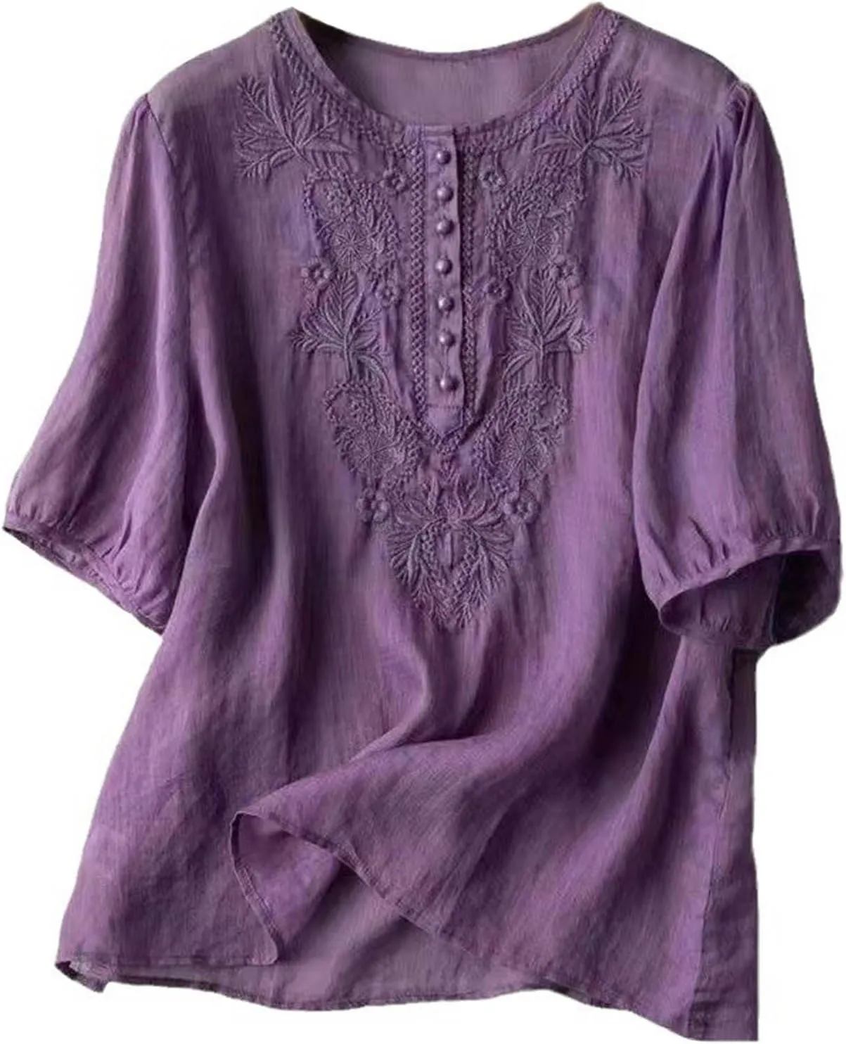 Womens Elbow Sleeve Linen Shirts Summer Vintage Embroidered Blouse Dressy Casual Button Henley Tee Tops Boho Tunic