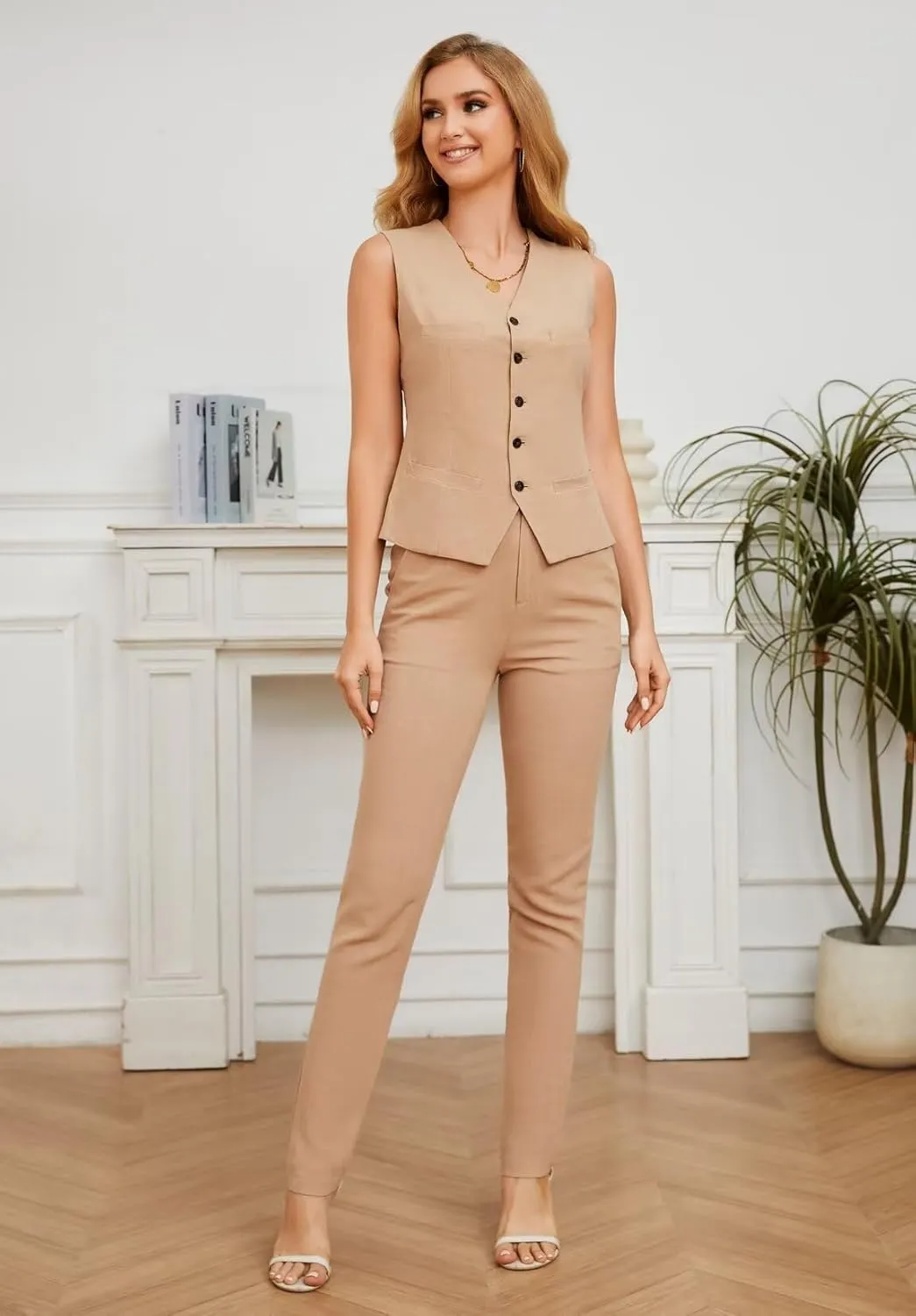 Womens Linen Pant Suits Casual Summer 2 Piece Set Wedding Sleeveless Vest Pants Outfit