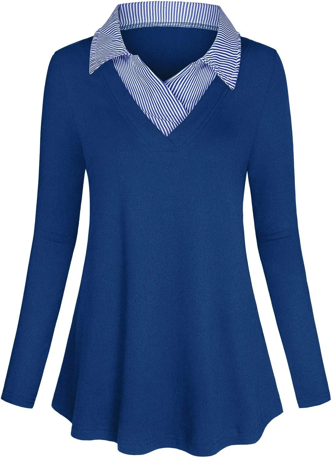 Women's Long Sleeve Contrast Collar Shirt A-line Pleated Office Tunic