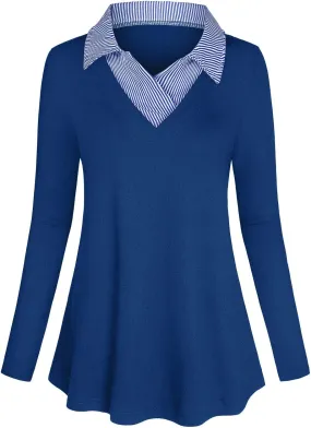 Women's Long Sleeve Contrast Collar Shirt A-line Pleated Office Tunic