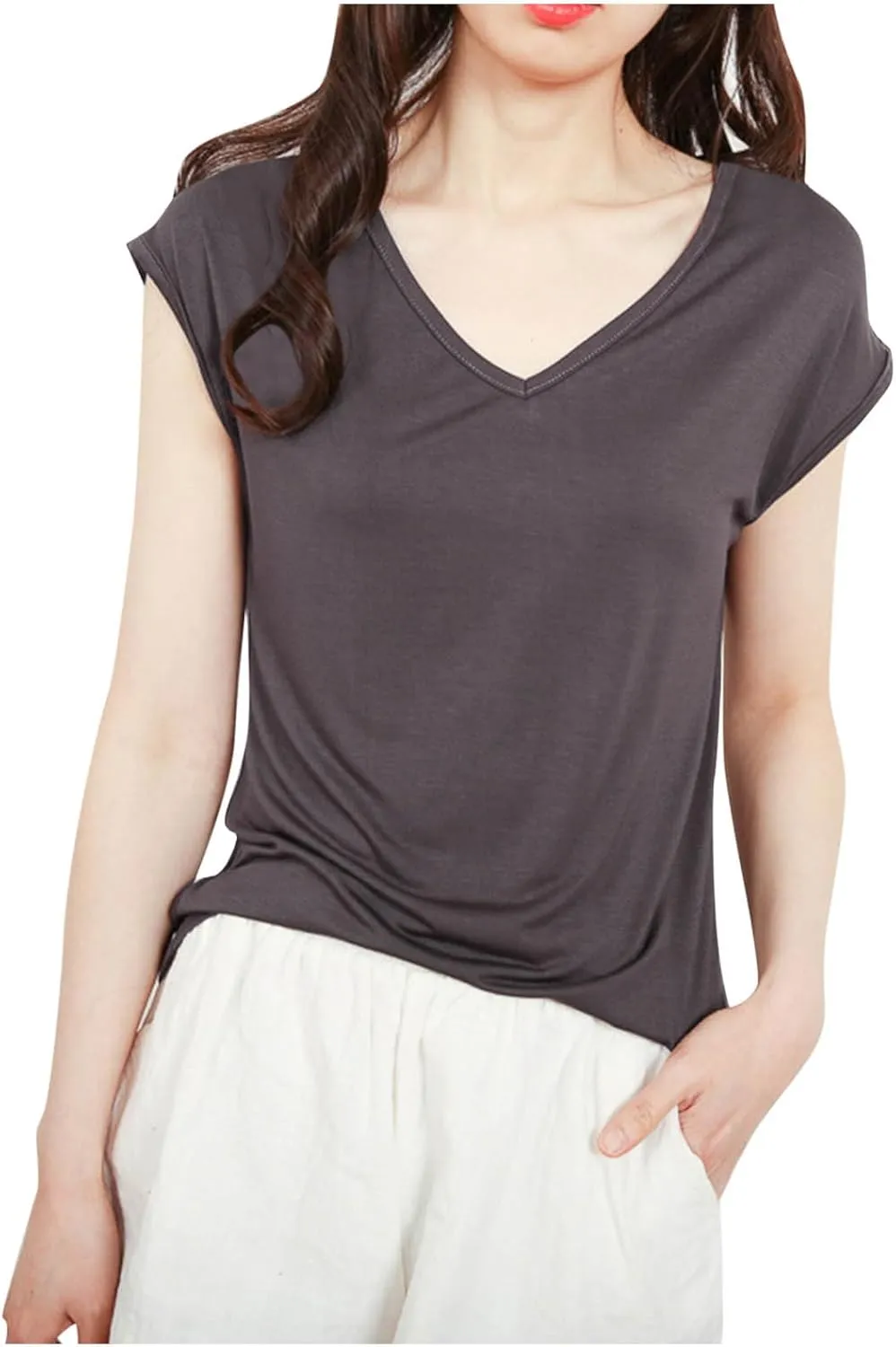Womens Modal Tops Cap Sleeve V Neck T Shirt Ruched Slim Fit Basic Tees Lightweight Casual Summer Sleep Lounge Shirt