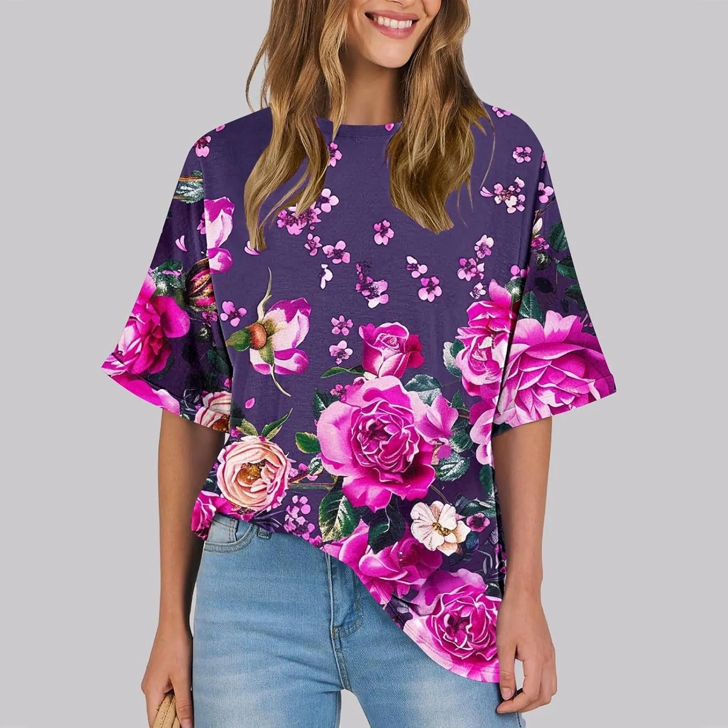 Womens Oversized T Shirts Summer Tops Boho Floral Tees Casual Loose Fit Short Sleeve Tops 2025 Beach Vacation Blouse