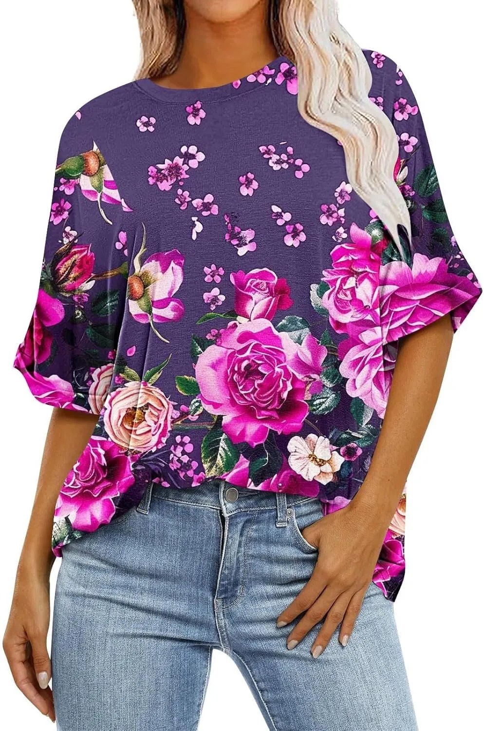 Womens Oversized T Shirts Summer Tops Boho Floral Tees Casual Loose Fit Short Sleeve Tops 2025 Beach Vacation Blouse