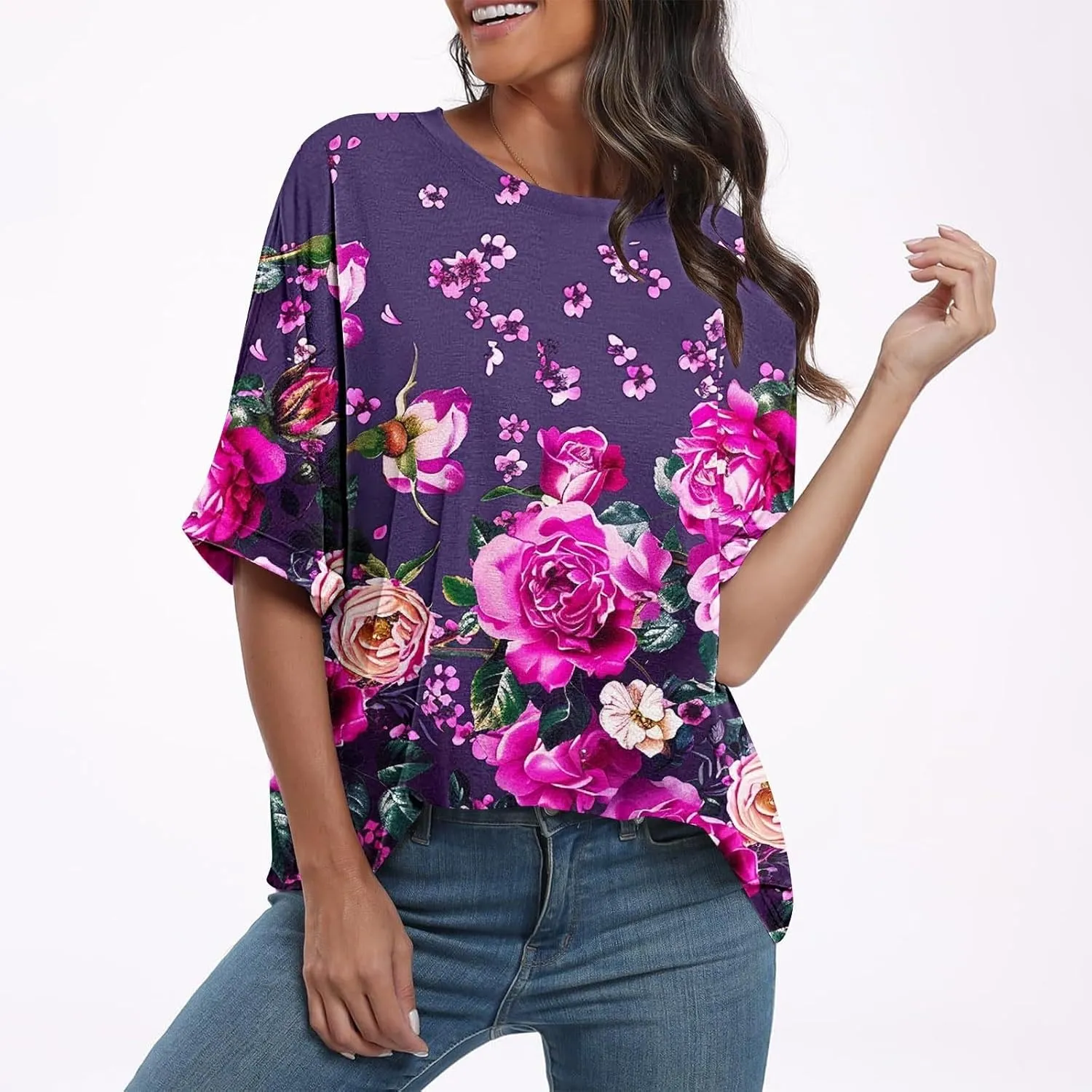 Womens Oversized T Shirts Summer Tops Boho Floral Tees Casual Loose Fit Short Sleeve Tops 2025 Beach Vacation Blouse