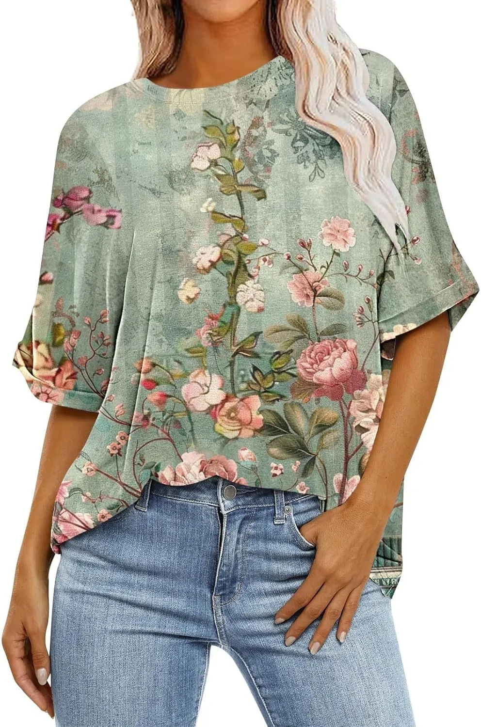 Womens Oversized T Shirts Summer Tops Boho Floral Tees Casual Loose Fit Short Sleeve Tops 2025 Beach Vacation Blouse
