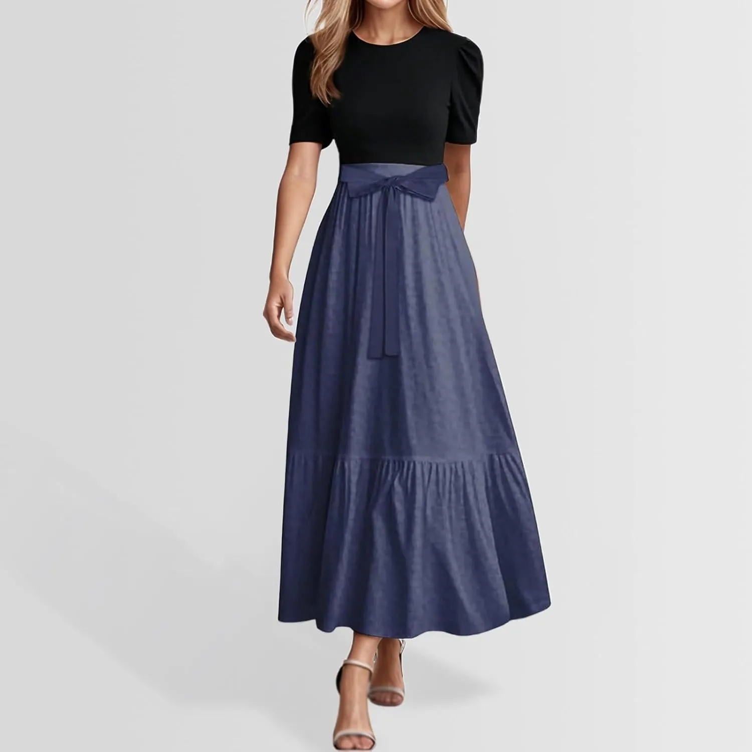 Women's Plus Size Maxi Dress Summer Half Lantern Sleeve Square Neck Smocked Flowy A-Line Elegant Wedding Guest Dresses