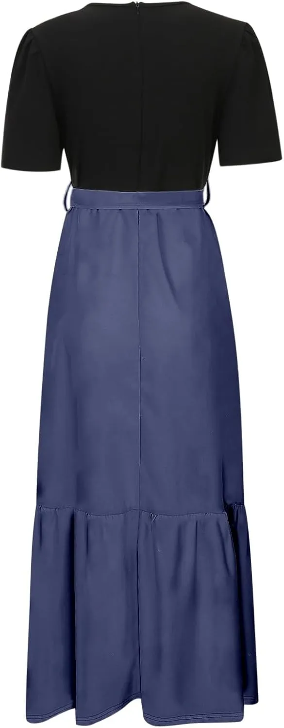 Women's Plus Size Maxi Dress Summer Half Lantern Sleeve Square Neck Smocked Flowy A-Line Elegant Wedding Guest Dresses