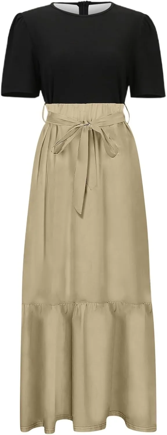 Women's Plus Size Maxi Dress Summer Half Lantern Sleeve Square Neck Smocked Flowy A-Line Elegant Wedding Guest Dresses