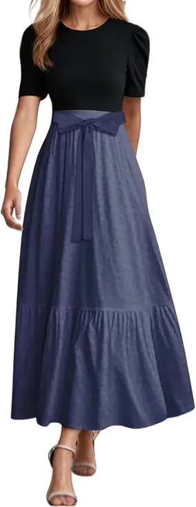 Women's Plus Size Maxi Dress Summer Half Lantern Sleeve Square Neck Smocked Flowy A-Line Elegant Wedding Guest Dresses