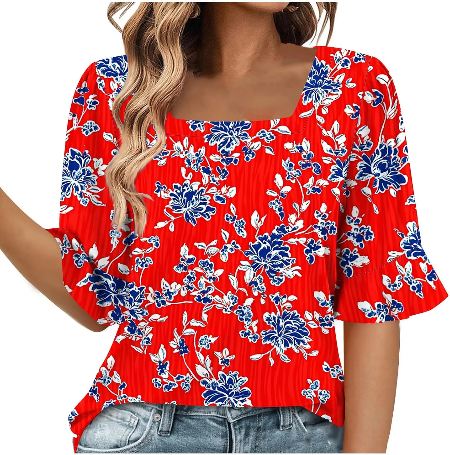 Women's Short Sleeve Shirts Square Neck Summer Tops Dressy Casual Basic Tees Ladies Loose Flowy T Shirts Blouses