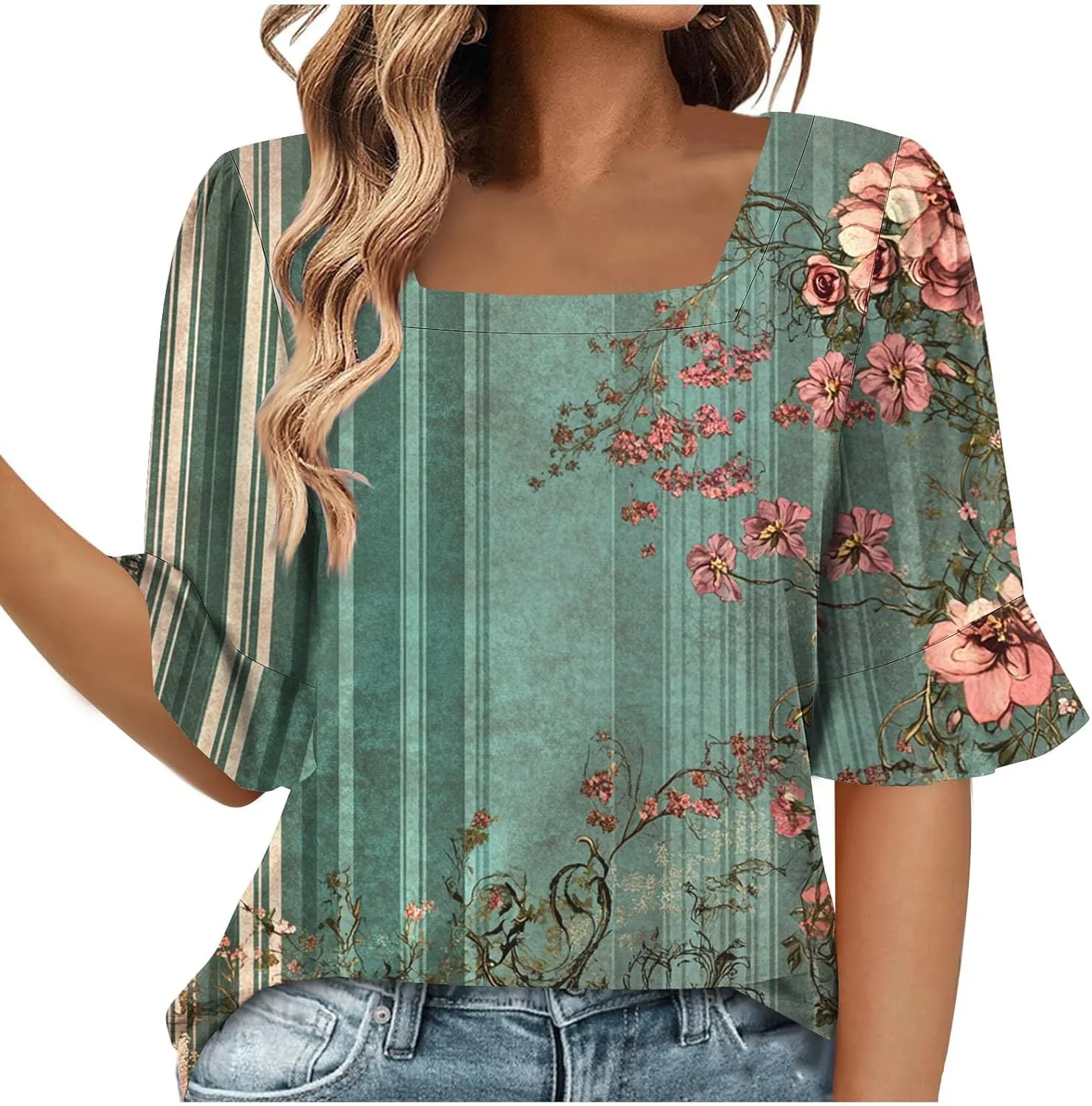 Women's Short Sleeve Shirts Square Neck Summer Tops Dressy Casual Basic Tees Ladies Loose Flowy T Shirts Blouses