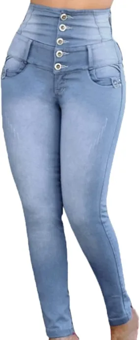 Women’s Skinny Denim Jeans – High Waisted 5 Button Up Super Stretch Classic Casual Slim Fit Denim Long Pants