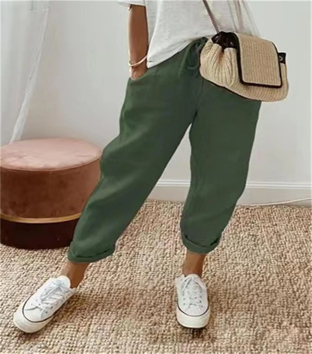 Womens Summer Casual Linen Pants Elastic Waist Relaxed Fit Straight Leg Pants Beach Trousers with Pockets for Women