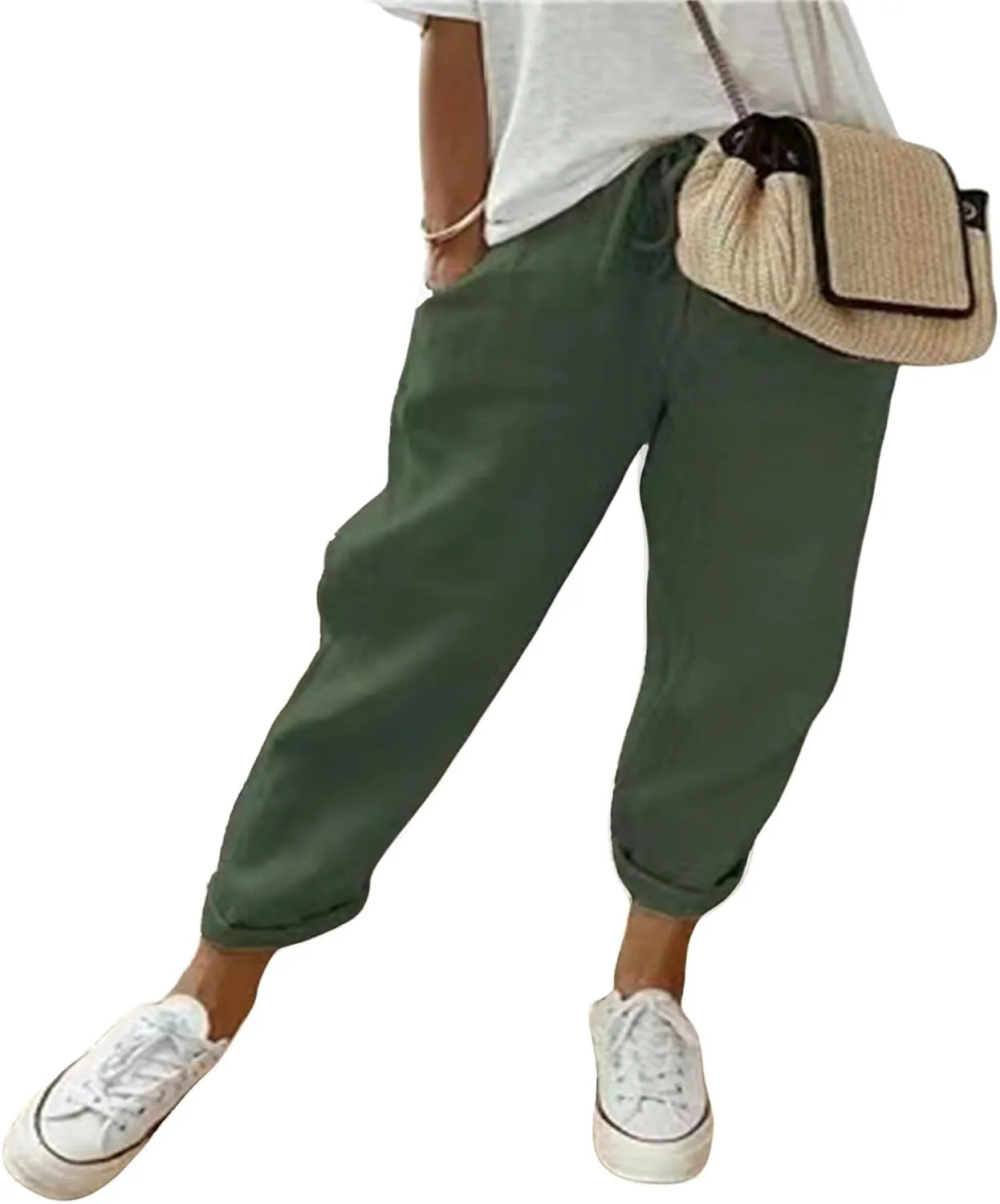 Womens Summer Casual Linen Pants Elastic Waist Relaxed Fit Straight Leg Pants Beach Trousers with Pockets for Women