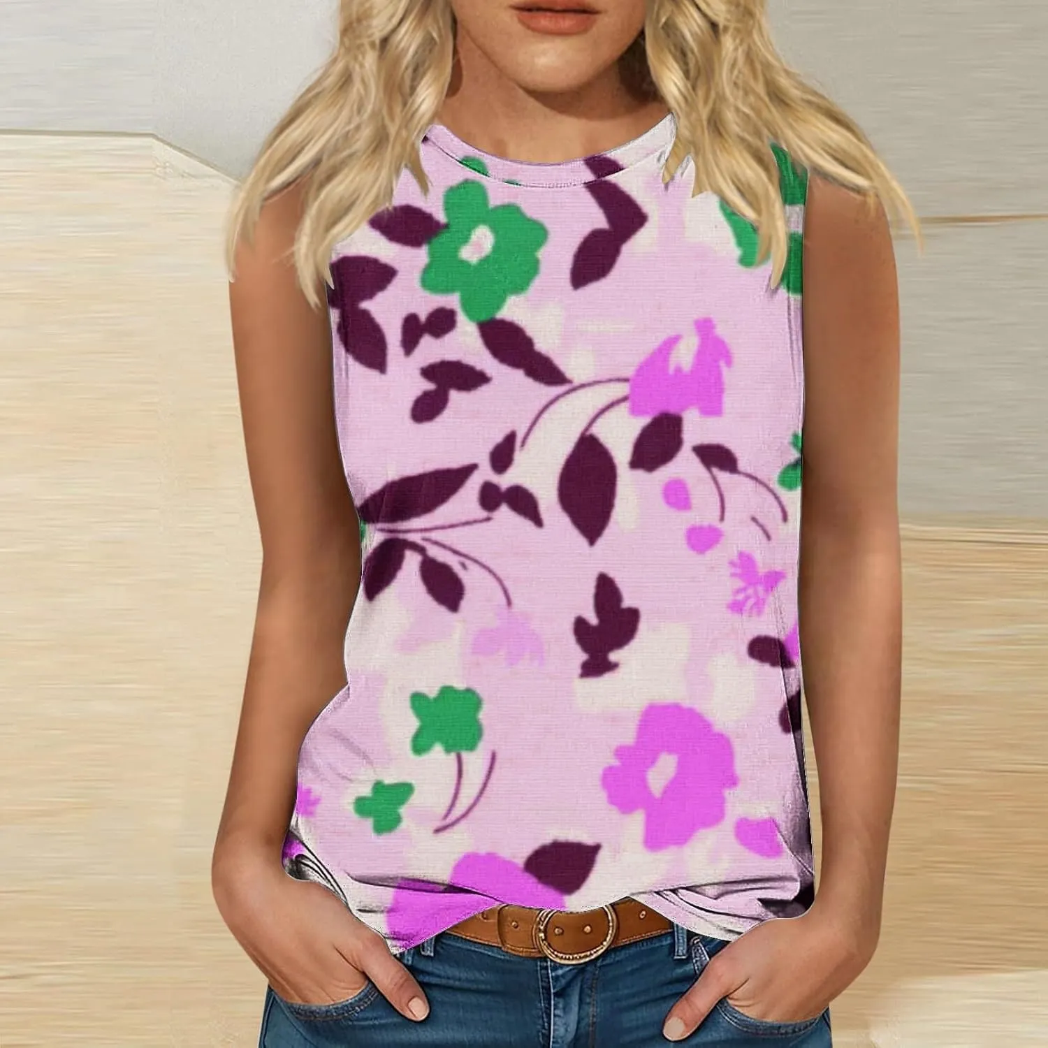Womens Summer Tank Top Trendy Floral Print Loose Roundneck T Shirts Sleeveless Casual Lightweight Trendy Tunic Blouse