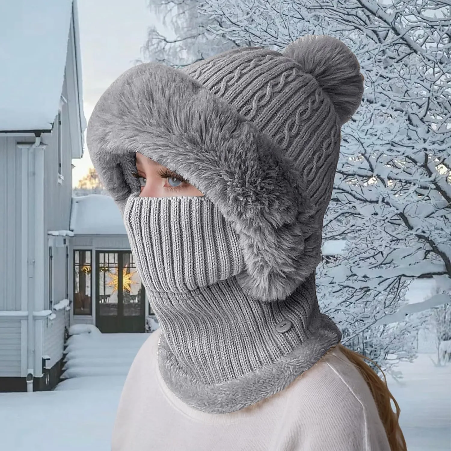 Women's Winter Beanie Hats Knit Striped Scarf Mask Set Fleece Sherpa Lined Snow Caps Winter Warm Hat with Pompom