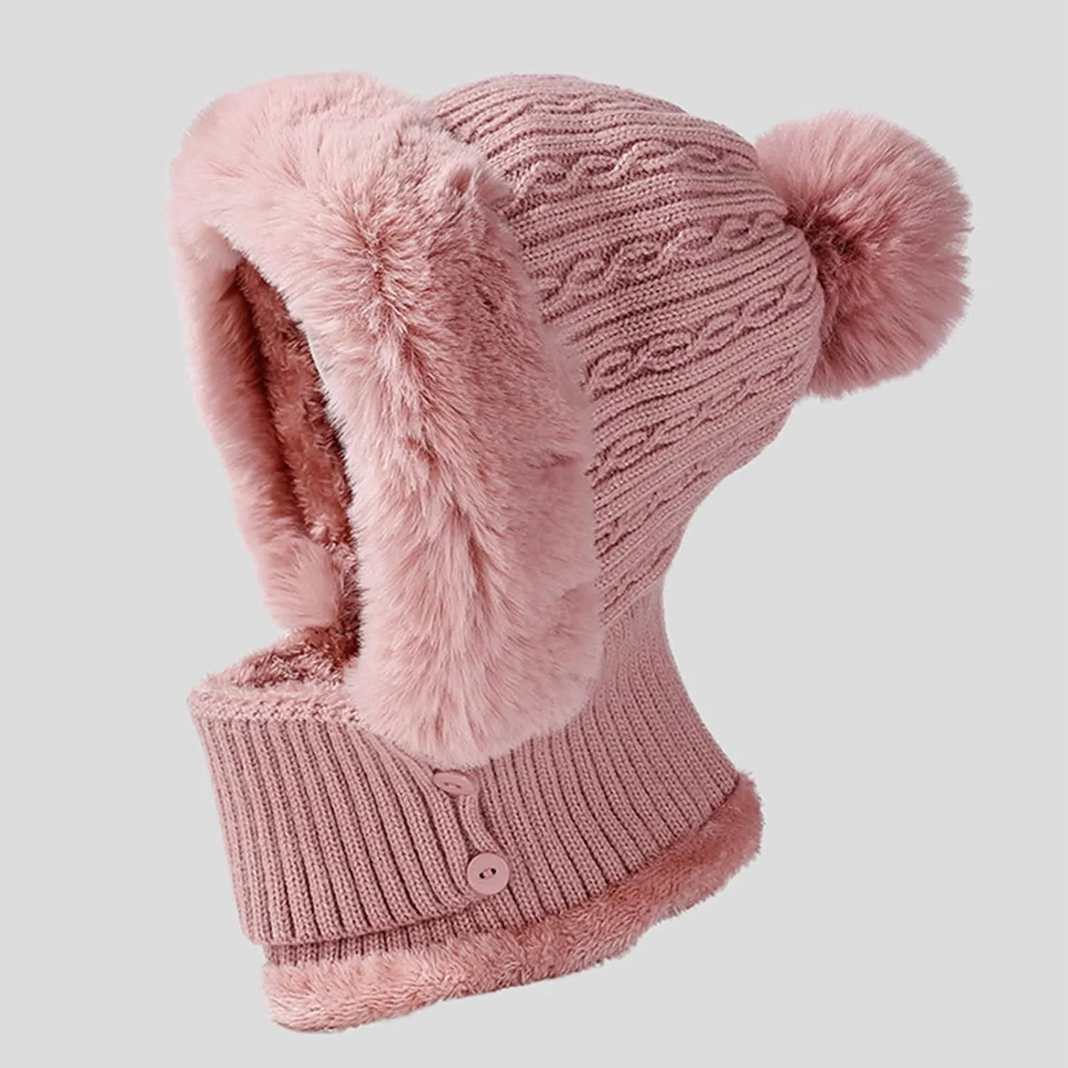 Women's Winter Beanie Hats Knit Striped Scarf Mask Set Fleece Sherpa Lined Snow Caps Winter Warm Hat with Pompom