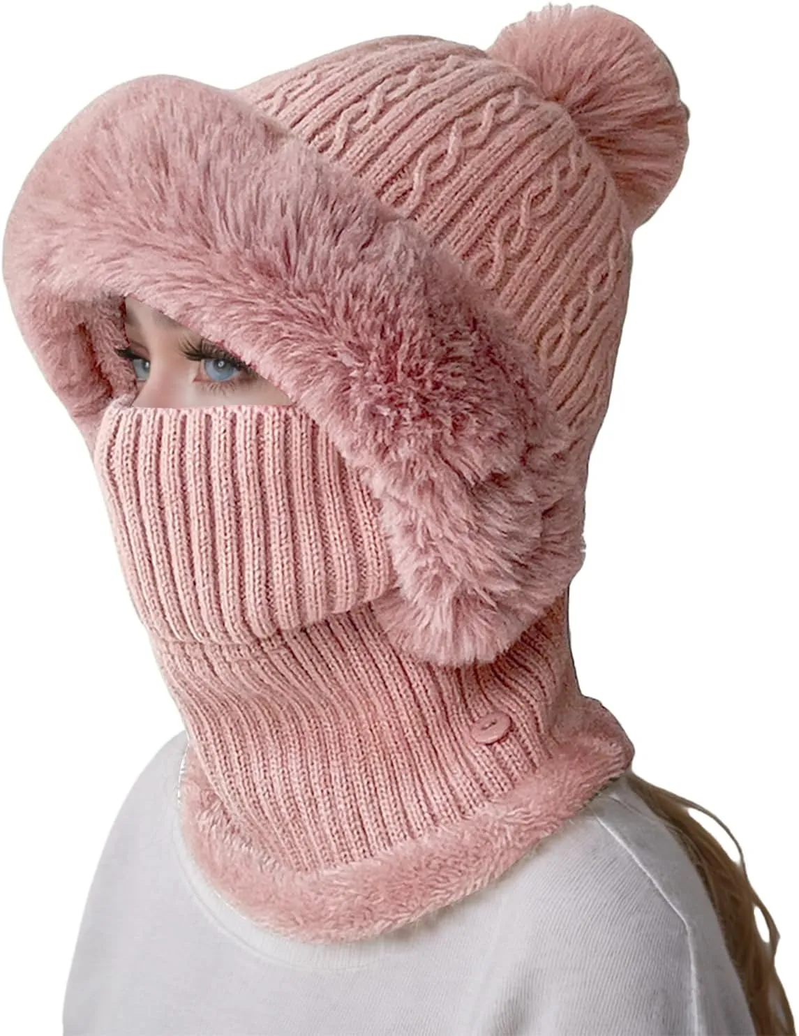 Women's Winter Beanie Hats Knit Striped Scarf Mask Set Fleece Sherpa Lined Snow Caps Winter Warm Hat with Pompom