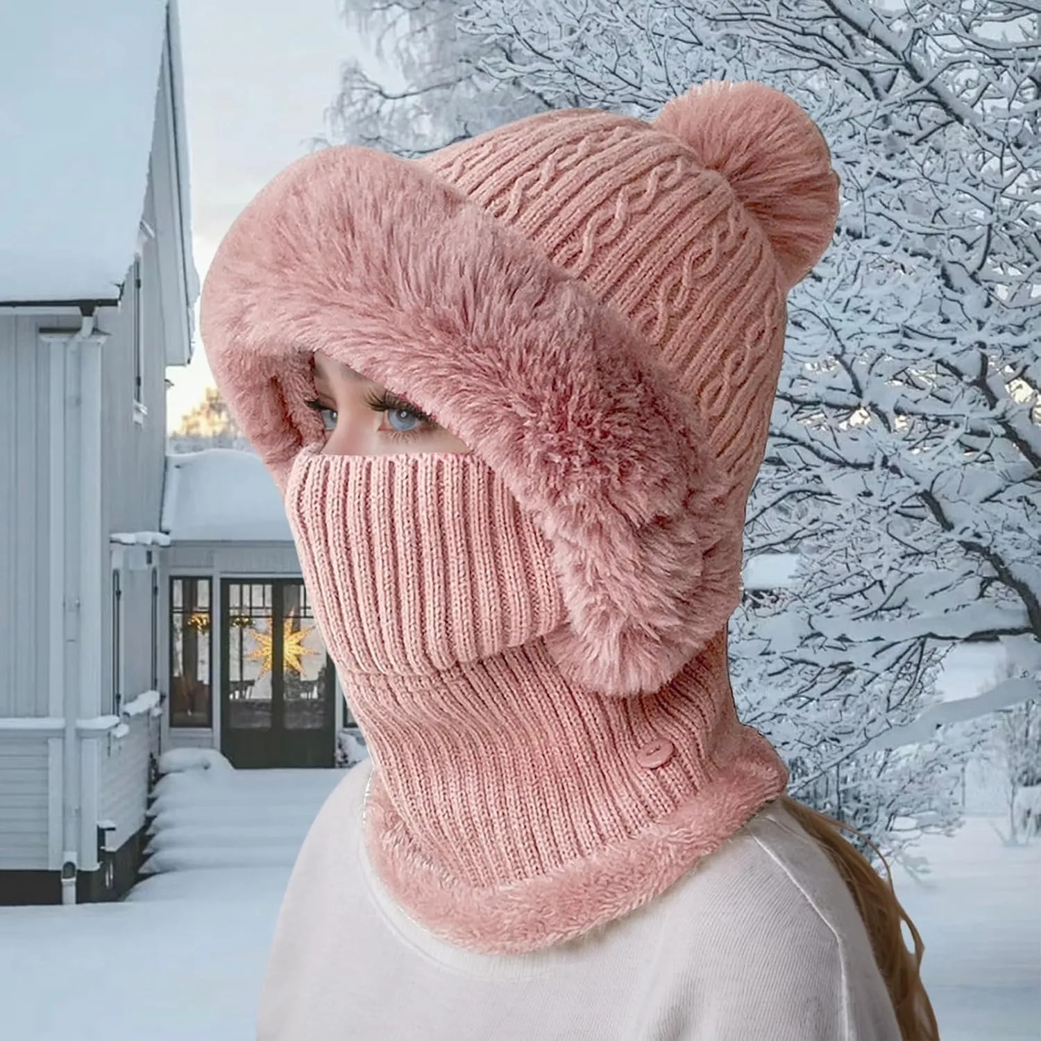 Women's Winter Beanie Hats Knit Striped Scarf Mask Set Fleece Sherpa Lined Snow Caps Winter Warm Hat with Pompom
