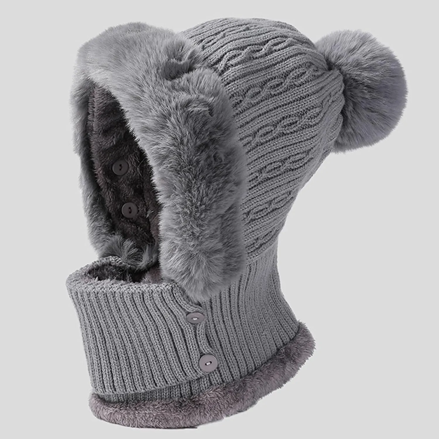 Women's Winter Beanie Hats Knit Striped Scarf Mask Set Fleece Sherpa Lined Snow Caps Winter Warm Hat with Pompom