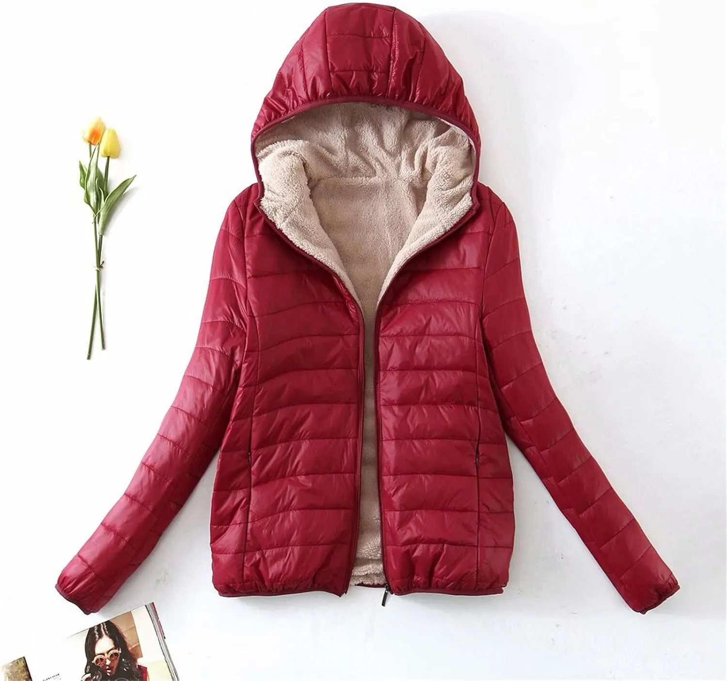 Womens Winter Puffer Jacket with Hood Fleece Lined Down Jackets Light Packable Quilted Puffer Coat