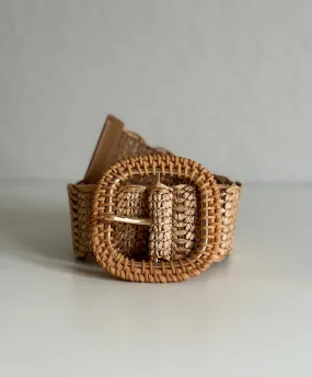 Woven Raffia Belt with Rattan Buckle