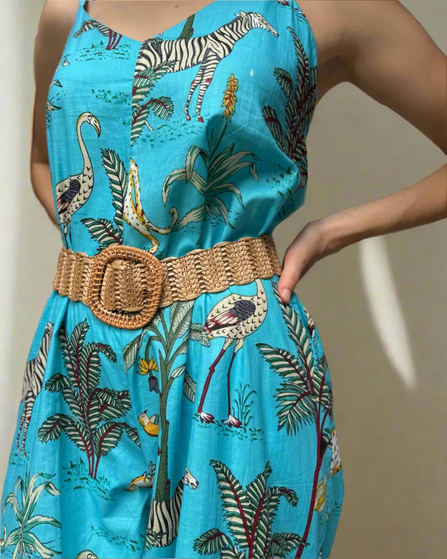 Woven Raffia Belt with Rattan Buckle