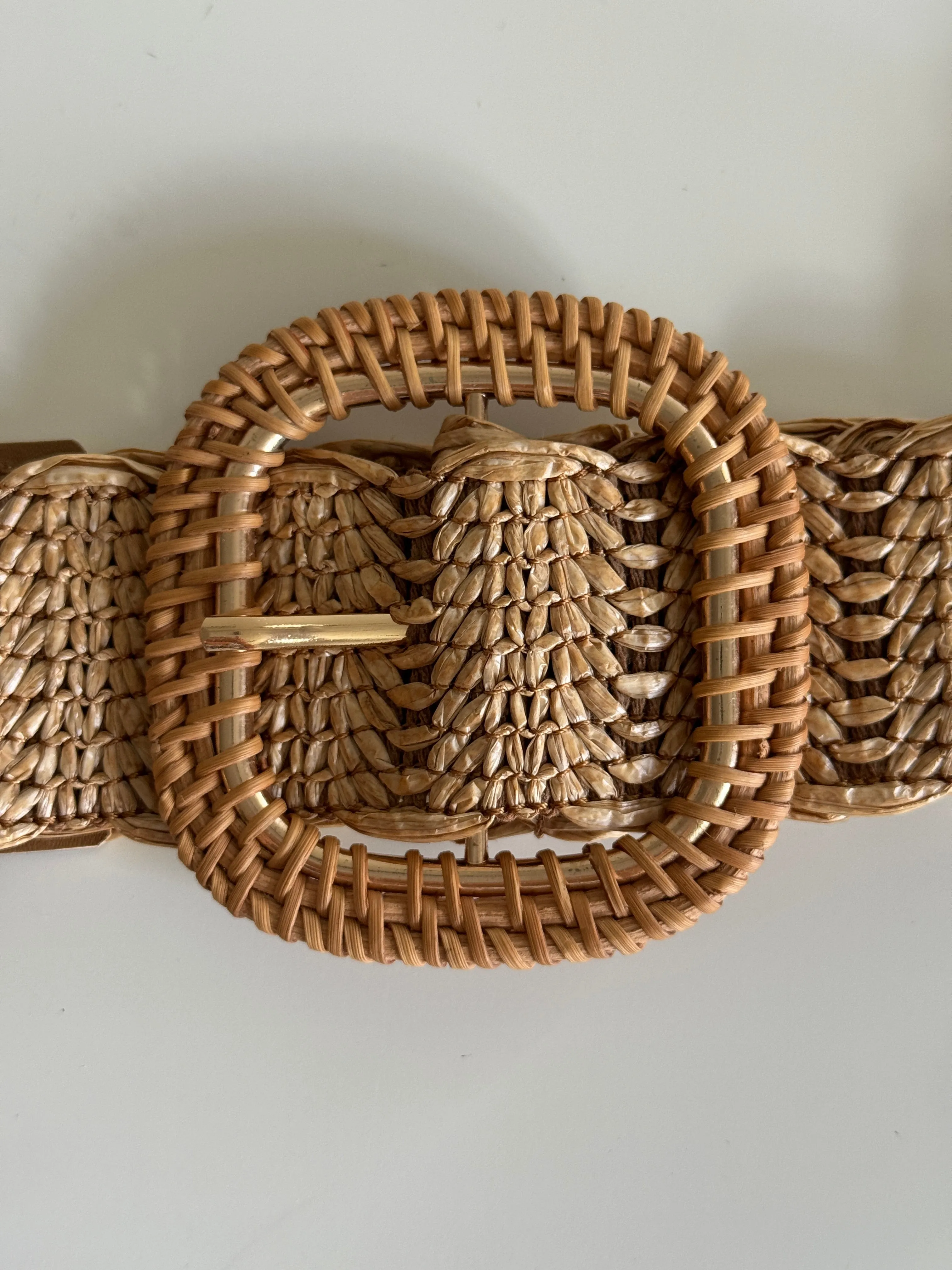 Woven Raffia Belt with Rattan Buckle