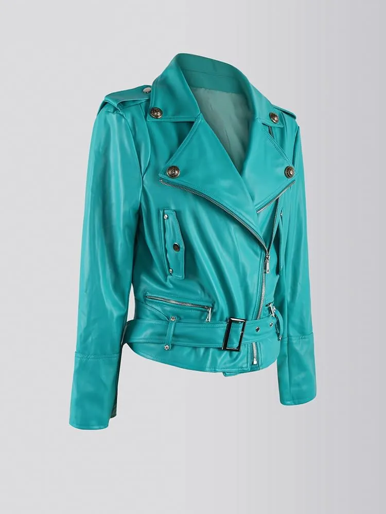 Yeuyyben Spring Autumn Short Oversized Chic Soft Pu Leather Moto Biker Jacket Women Zipper Belt Fashion